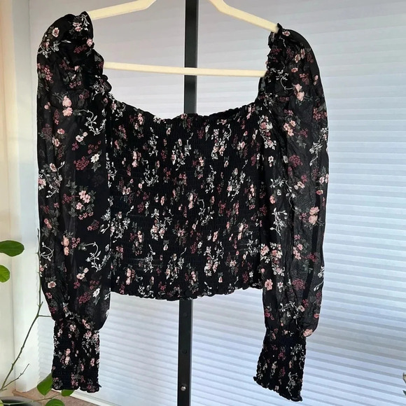 Reformation Pinto Floral Smocked Long Sleeve Blouse Black Small Contemporary - Picture 1 of 5